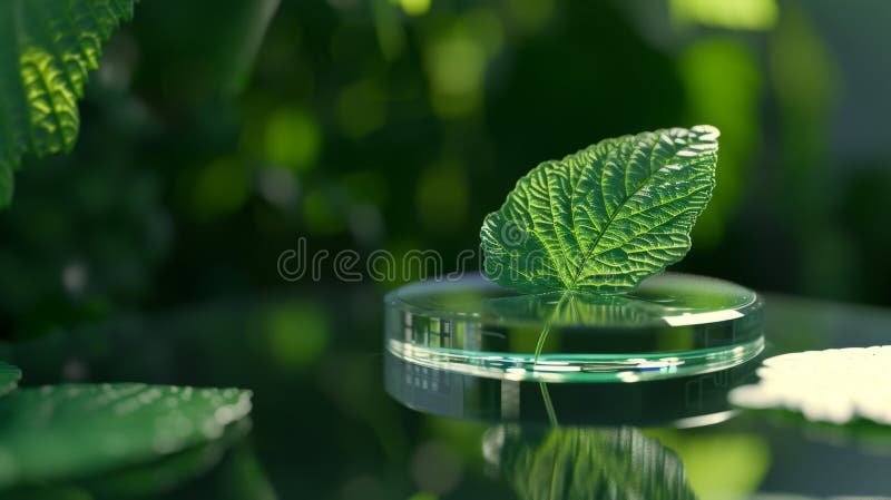 Green leaf in glass petri dish under soft light royalty free stock photos