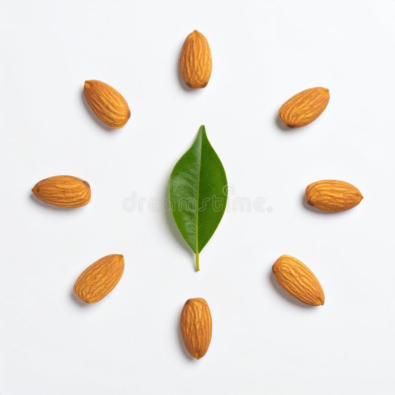 Green leaf is surrounded by almonds arranged in circle on white background. Generative AI stock illustration