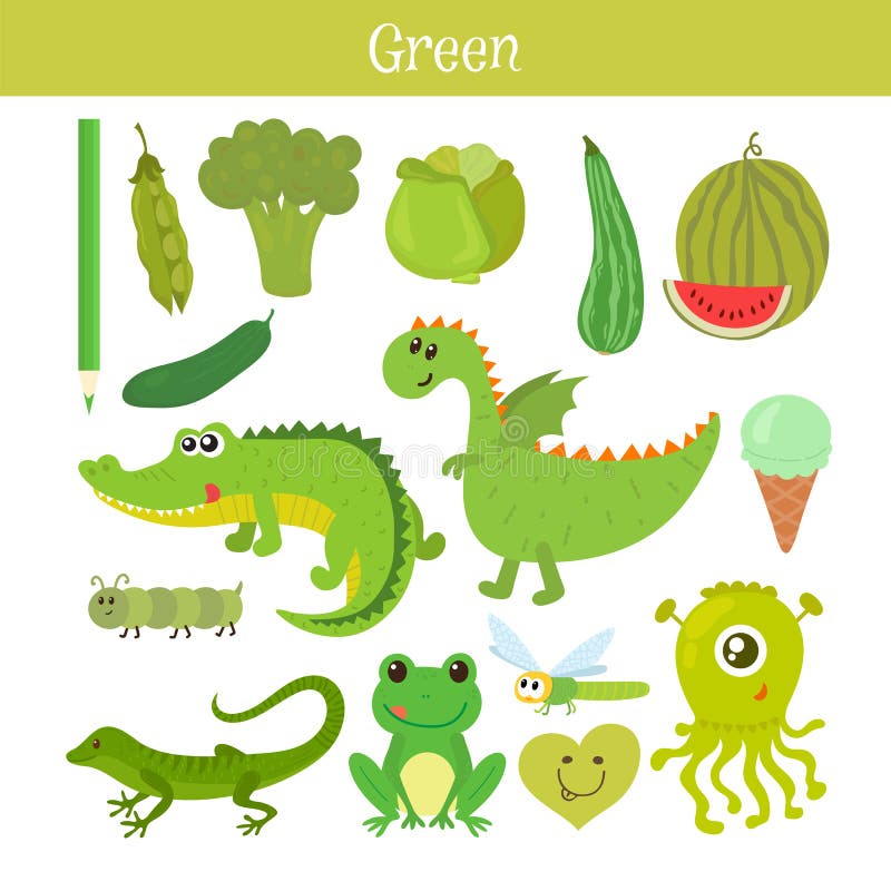 Green. Learn the color. Education set. Illustration of primary colors. Vector illustration