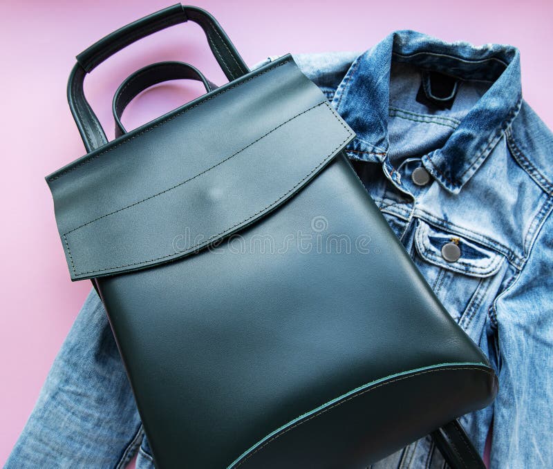 Green leather backpack stock image. Image of clothing 158475315