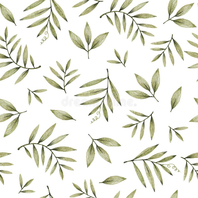 Green leaves branches and flowers, freehand drawing in pencil, seamless pattern