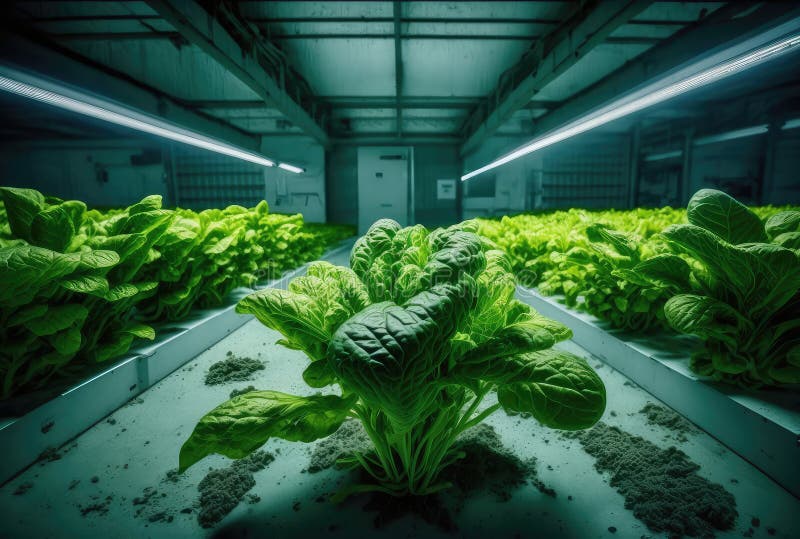 Green lettuce grows in greenhouse, industrial large production plant for growing plants for sale. Farming hydroponic indoor vegetable factory. AI generated. Green lettuce grows in greenhouse, industrial large production plant for growing plants for sale. Farming hydroponic indoor vegetable factory. AI generated