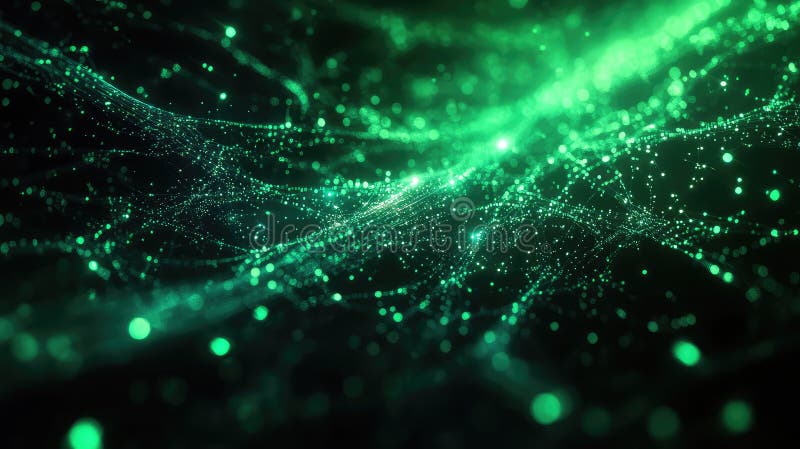 Abstract network of glowing green particles connecting and interacting, representing data flow, technology, and advanced communication systems across a dark background. Blockchain network analysis stock images, royalty-free photos and pictures