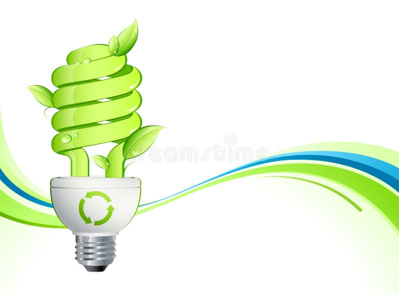Green lightbulb with leaves on a wavy background. Green drop vectors