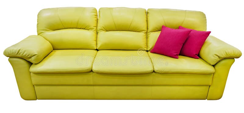Green lime sofa with pink pillow. Soft lemon couch. Classic pistachio divan on isolated background stock photos Green lime sofa with pink pillow. Soft lemon couch. Classic pistachio divan on isolated background stock photos
