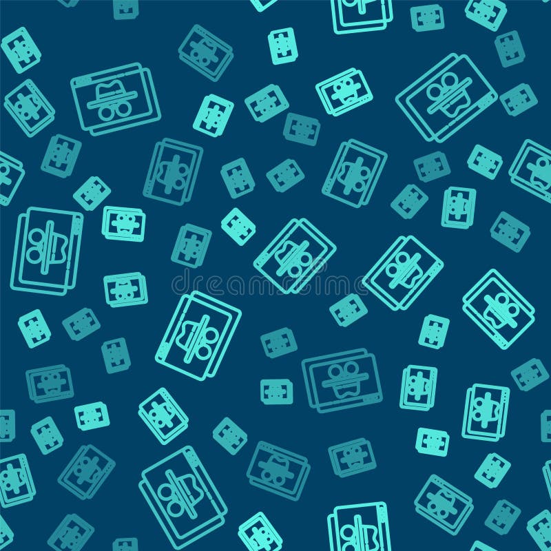 Green line Browser incognito window icon isolated seamless pattern on blue background. Vector stock illustration