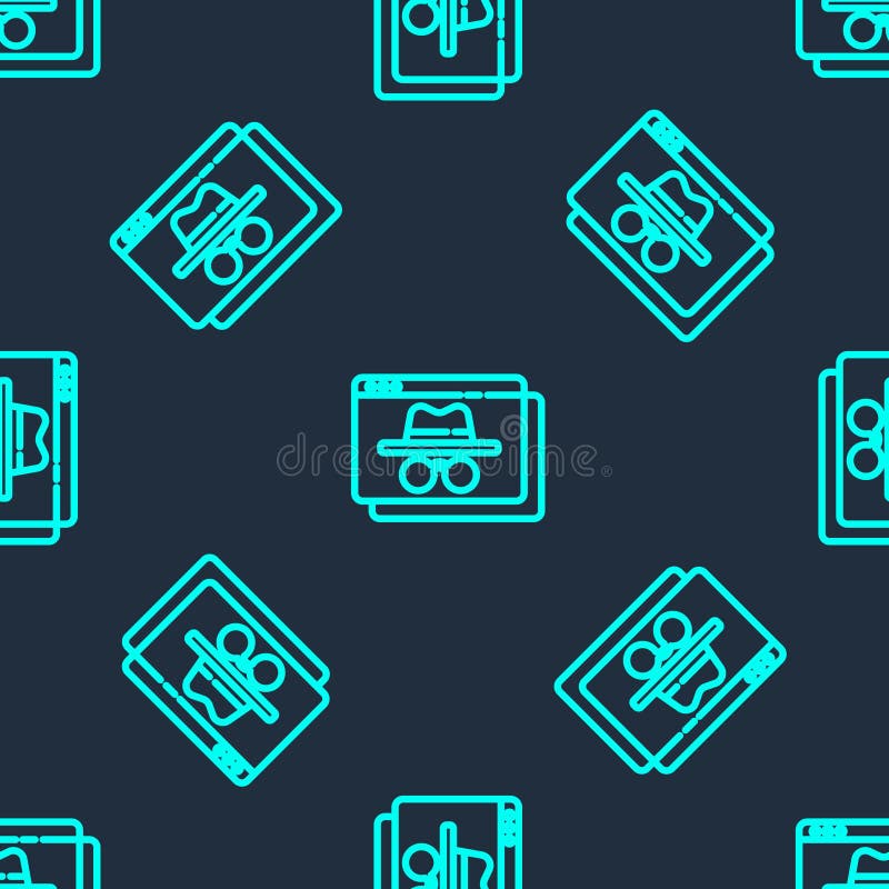 Green line Browser incognito window icon isolated seamless pattern on blue background. Vector vector illustration