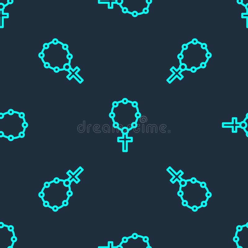 Green Line Rosary Beads Religion Icon Isolated Seamless Pattern on Blue Background. Vector Stock