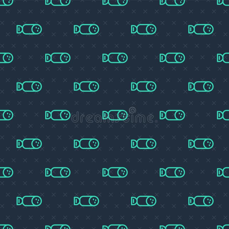 Green line Salami sausage icon isolated seamless pattern on blue background. Meat delicatessen product. Vector.