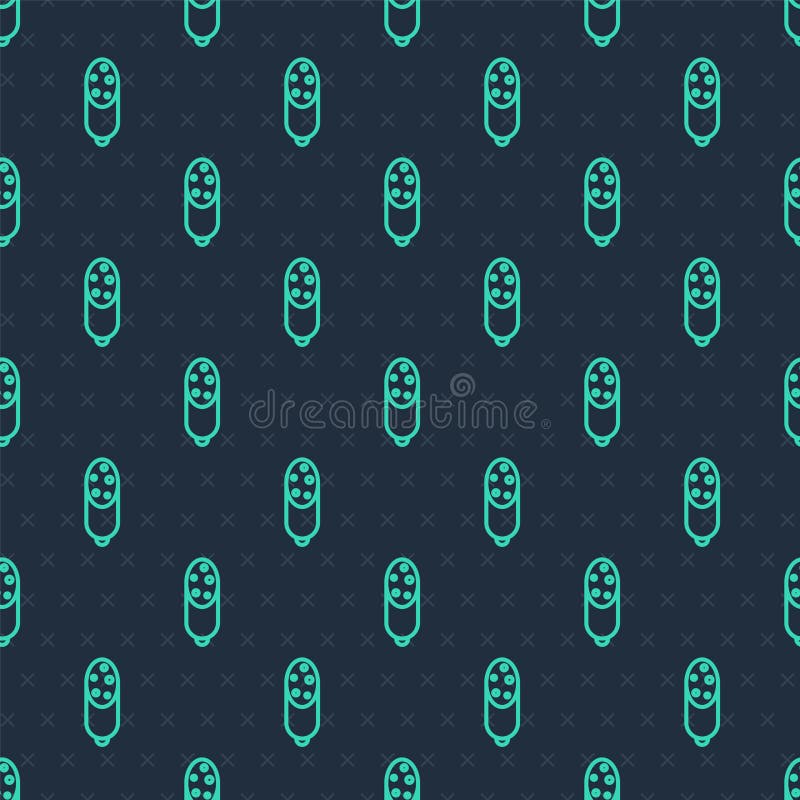 Green line Salami sausage icon isolated seamless pattern on blue background. Meat delicatessen product. Vector.