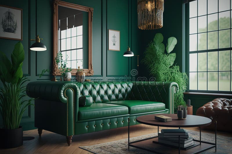 Green Living Room Interior with Leather Sofa, Modern Vintage Interior ...