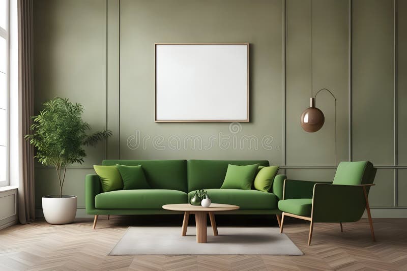 Green Living Room Interior with Green Sofa, Coffee Table and Poster