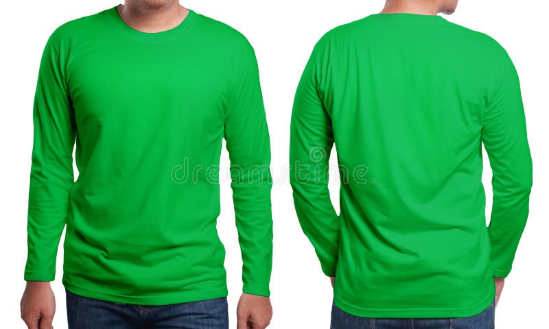 Green long sleeved t-shirt mock up, front and back view, isolated. Male model wear plain green shirt mockup. Long sleeve shirt design template. Blank tees for print. Green long sleeved t-shirt mock up, front and back view, isolated. Male model wear plain green shirt mockup. Long sleeve shirt design template. Blank tees for print