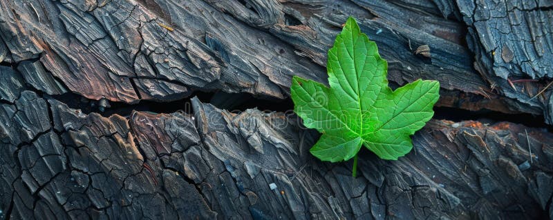 Green maple leaf on weathered wooden surface stock photos