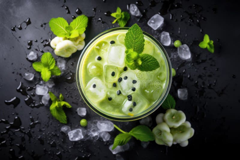 Green Matcha Bubble Tea Thai Tapioca Mint Drink Top View Stock