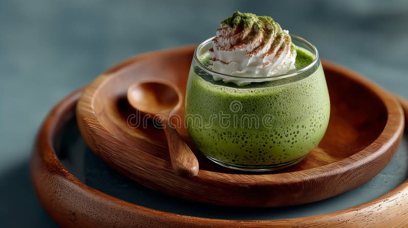 Green Matcha Desert with Whipped Cream on Wooden Tace royalty ilustracja