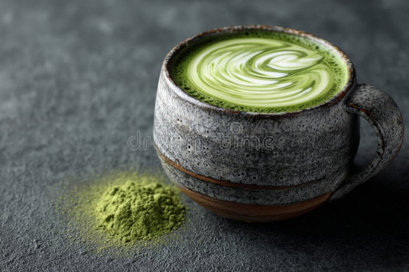 Green Matcha Latte in rustikaler Umarmung auf dunklem Hintergrund vektor abbildung