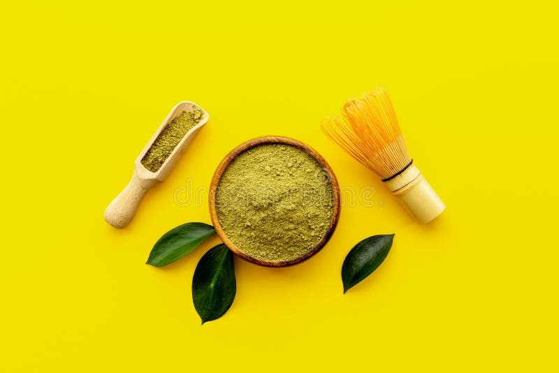 Green Matcha Powder in Bowl with Bamboo Whisk Stock Photo Image of
