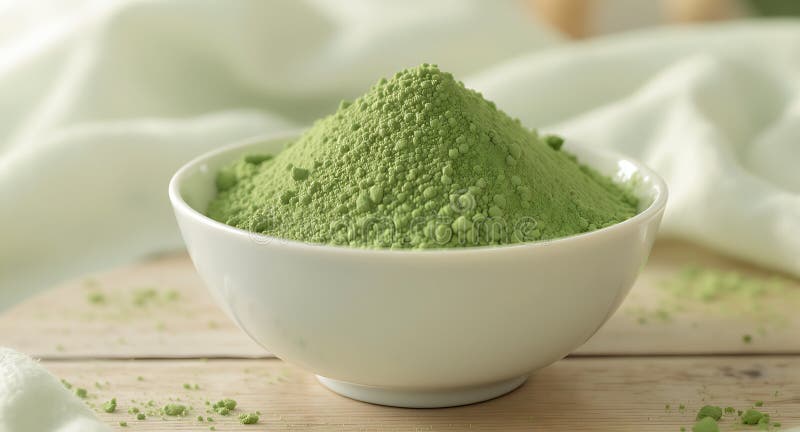 Green Matcha Proder Piled High in the White Bowl on Wooden Table ilustracja wektor