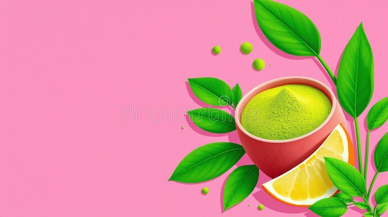 Green Matcha proszek i plasterki cytryny na różowym tle royalty ilustracja
