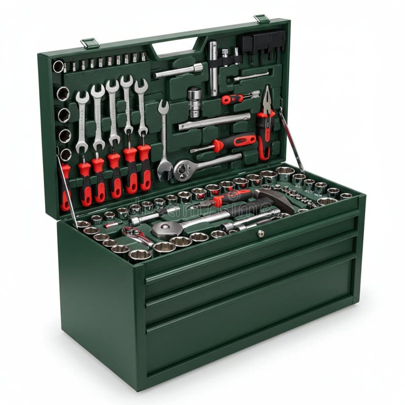 Green metal toolbox with a comprehensive set of tools. Includes wrenches vector illustration