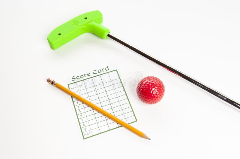 Green mini golf club with score card and ball royalty free stock image Green mini golf club with score card and ball royalty free stock image