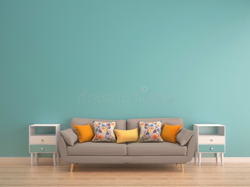 Green mint wall with sofa & sideboard on wood floor stock illustration