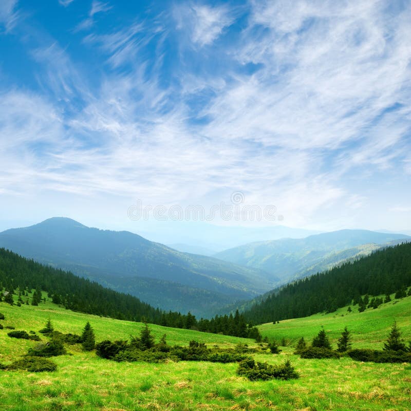 Verde valle di montagna e il cielo azzurro con le nuvole.