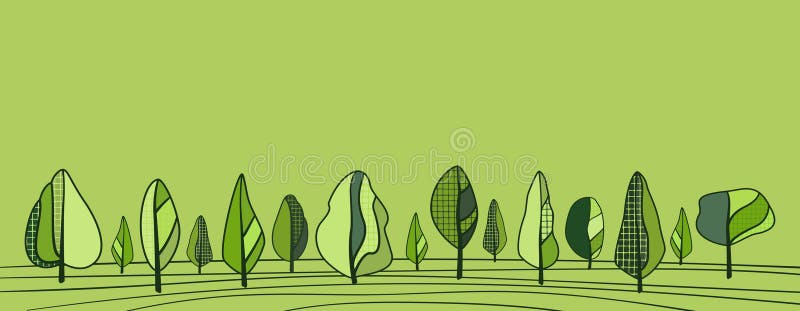 Green natural rectangular banner for text, advertising, promotion. Trees and firs in meadows, fields, forests vector illustration