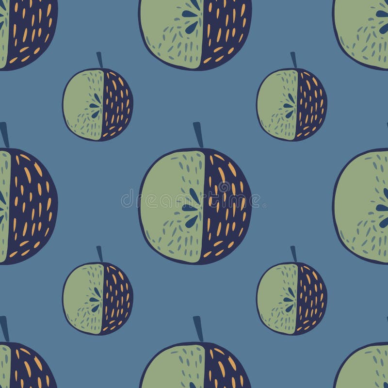 Green and navy blue abstract simple apple silhouettes seamless pattern. Blue background. Foof print