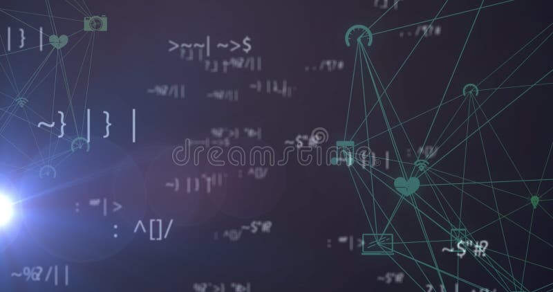 Green network graph floating in digital interface, with code fragments and icons, copy space vector illustration