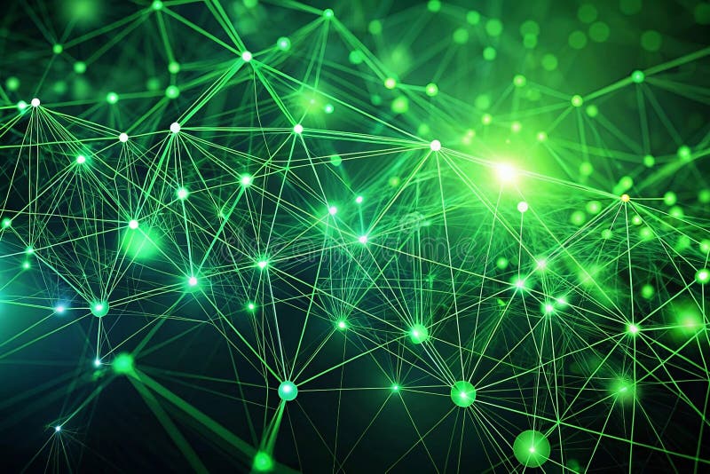 Green network nodes connecting, digital background, data visualization, tech presentation vector illustration