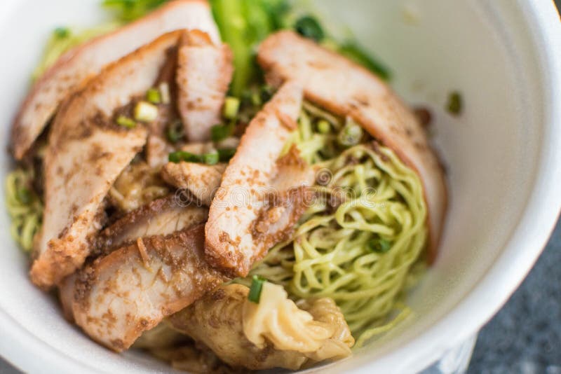Green Noodle and Dumpling with Roasted Pork Stock Photo Image of bowl