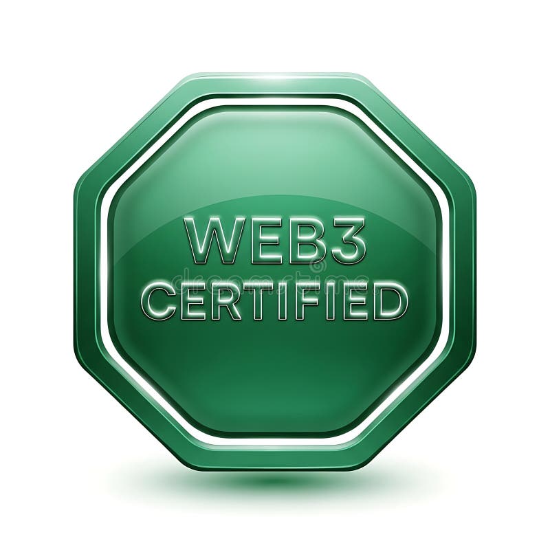 Green octagonal web3 certified badge with metallic shine and clear text stock illustration