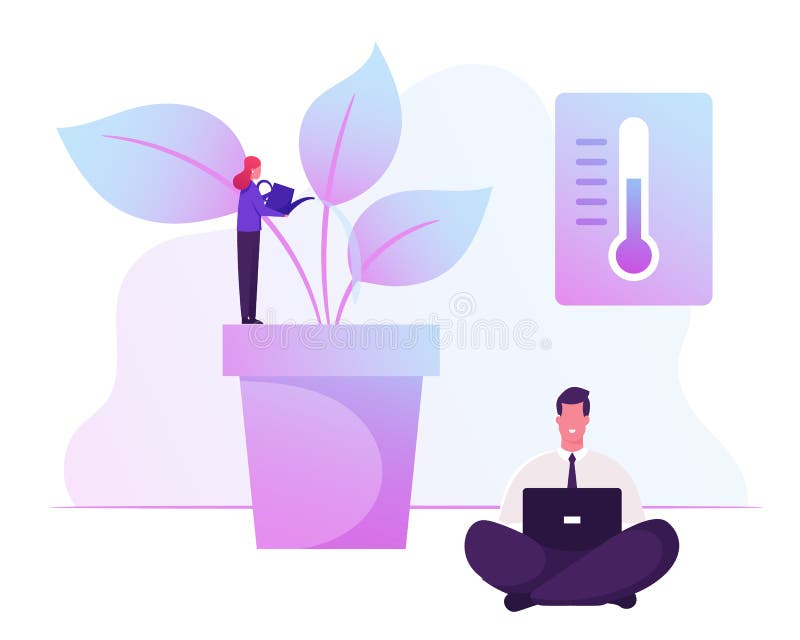 Green Office Concept. Business People Working in Modern Eco-friendly Area. Woman Watering Potted Plants and Flowers