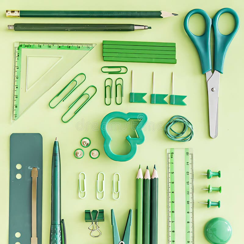 Green Office Supplies on Green Background. Stock Image Image of still