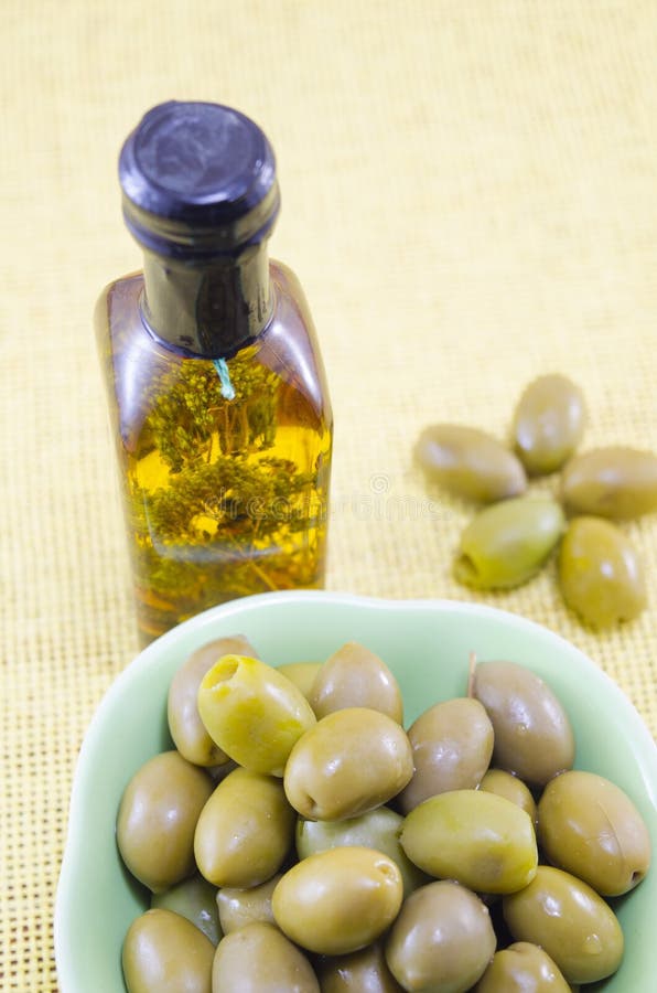 Green Olives and a Bottle of Virgin Olive Oil Stock Photo Image of