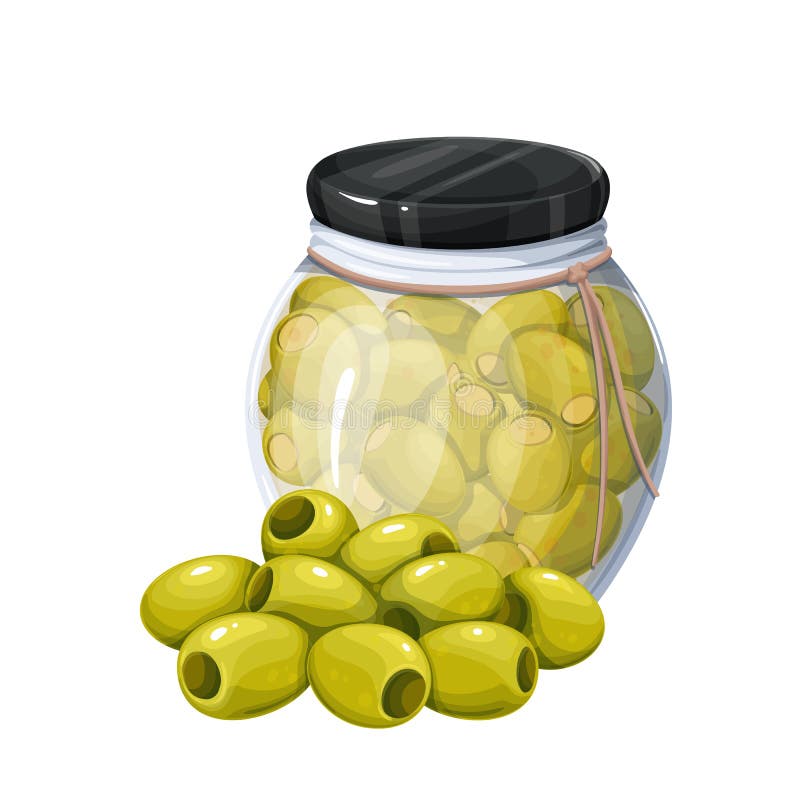 Green Olives in Glass Jar and Heap of Green Olives Stock Vector