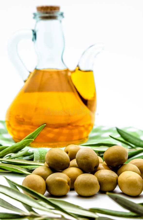 Green olives and olive oil stock image. Image of cholesterol 26977299
