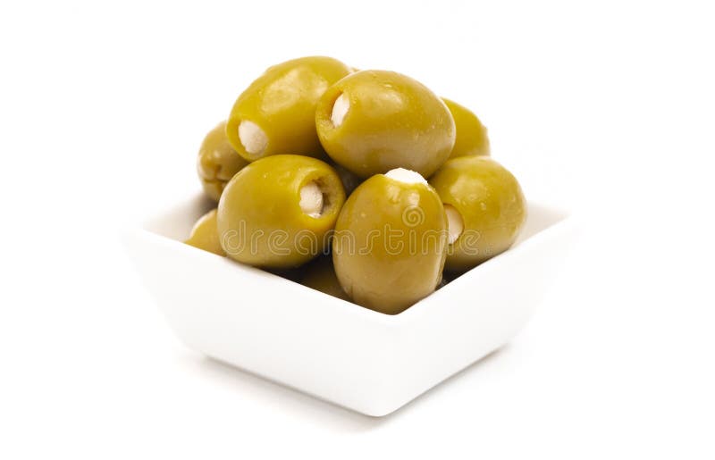 Green Olives Stuffed with Cheese on a White Background Stock Photo
