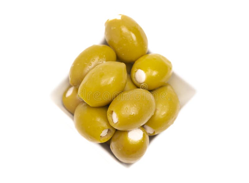 Green Olives Stuffed with Cheese on a White Background Stock Photo