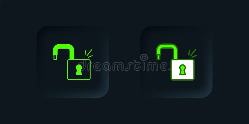 Green Open padlock icon isolated on black background. Opened lock sign. Cyber security concept. Digital data protection vector illustration