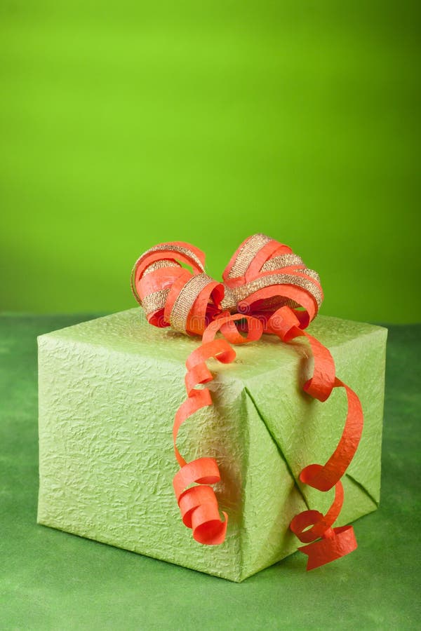 Orange Vertical Gift Box with Green Bow and Ribbons - Custom Scene