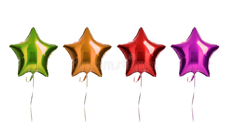 Green orange red and purple metallic star balloons composition objects for birthday party isolated on a white background
