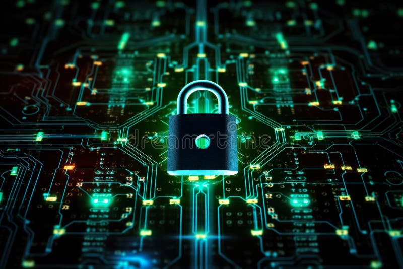 A green padlock on a circuit board. Generative AI image. Cyber cecurity concept image. royalty free stock images