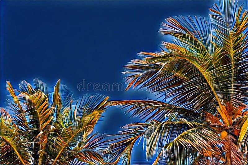 Green Palm Leaf On Blue Sky Background Tropical Nature Abstraction