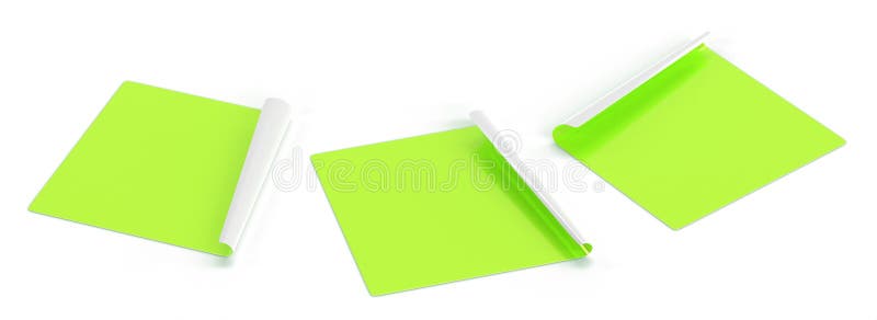 Green paper stickers with bent corners 3d render. Blank square sticky notes. Realistic set of empty adhesive tags and vector illustration