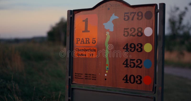 Green park map sign displaying location information on golf course nature field. stock images