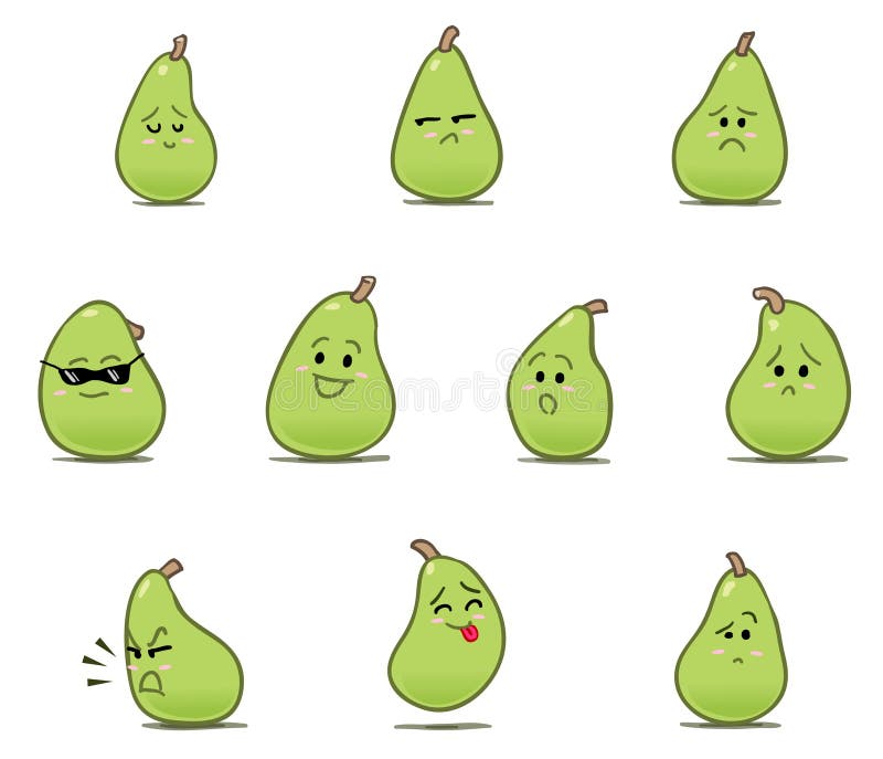 Cartoon illustration of green pear characters with different facial expressions and emotions. Cartoon illustration of green pear characters with different facial expressions and emotions.