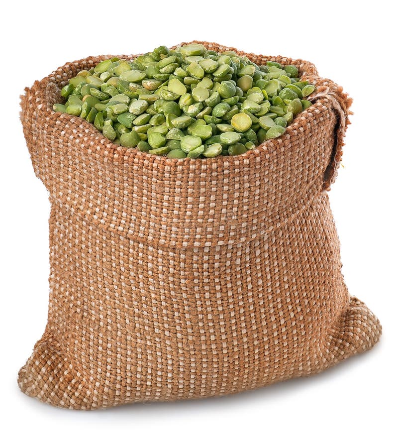 Green peas in a burlap bag stock photo. Image of metal 24317878